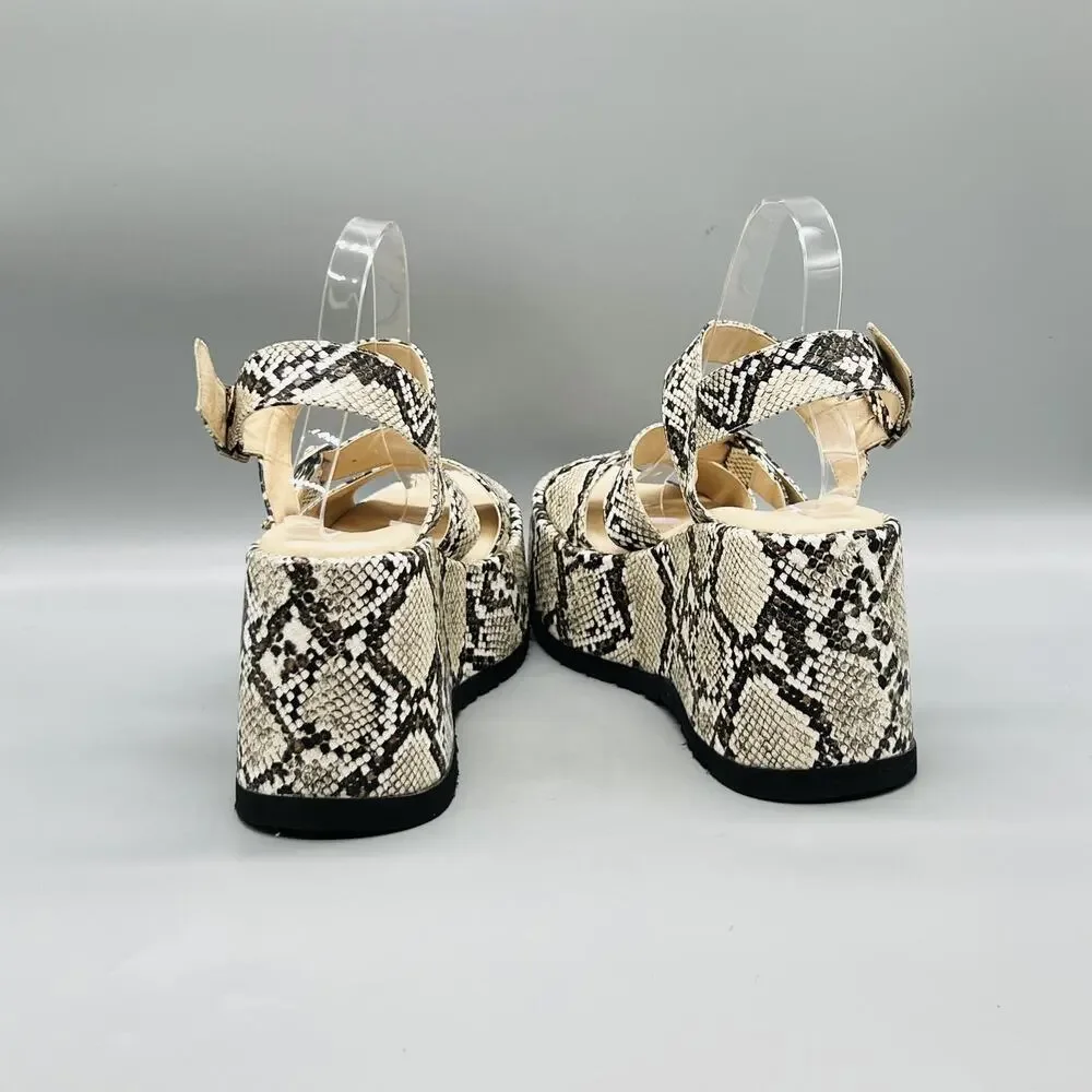 Free People Sandals Womens 9 Beige Synthetic Snake Print Strappy Wedge Shoes